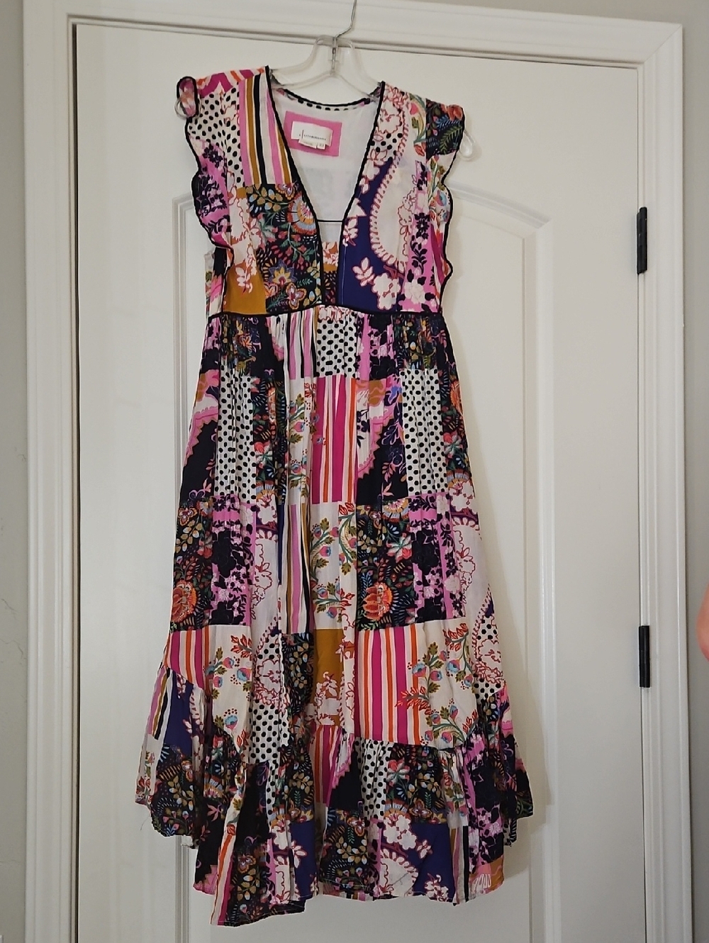 Anthropologie Patchwork Midi Dress in Pink, Navy & Gold Accents